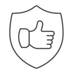 Shield with thumb up hand thin line icon, black friday concept. Vector graphics. Positive feedback emblem sign on white background, outline style icon for mobile or web design.
