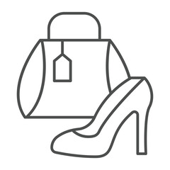 Shoe and handbag with price tag thin line icon, black friday concept. Vector graphics. Woman footwear and bag, shopping sign on white background, outline style icon for mobile or web design.