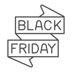 Ribbon tape with text thin line icon, black friday concept. Vector graphics. Promotion stripes, advertising sign on white background, outline style icon for mobile or web design.