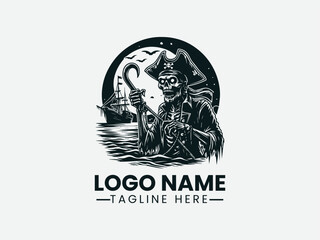 Zombie Pirate Hook Hand Moonlit Beach Vector Logo Design, Whimsical Zombie Pirate Beach Logo
