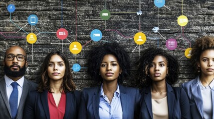 Diverse Business Team Collaboration Network Concept Diverse Group of Professionals in Formal Attire Against a Textured Wall with Colorful Network Icons