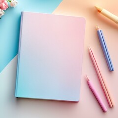 Colorful notebook and pens on a pastel background.