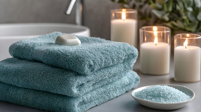 bath scene with candles lit, soft towels, and calming bath salts, creating a peaceful environment to unwind and relax slowly 