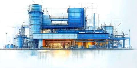 Modern industrial facility design concept featuring intricate blueprints and structural details in a clean environment