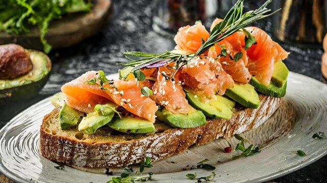 Smoked salmon topping creamy avocado on multigrain toast, sprinkled with fresh herbs and sesame.