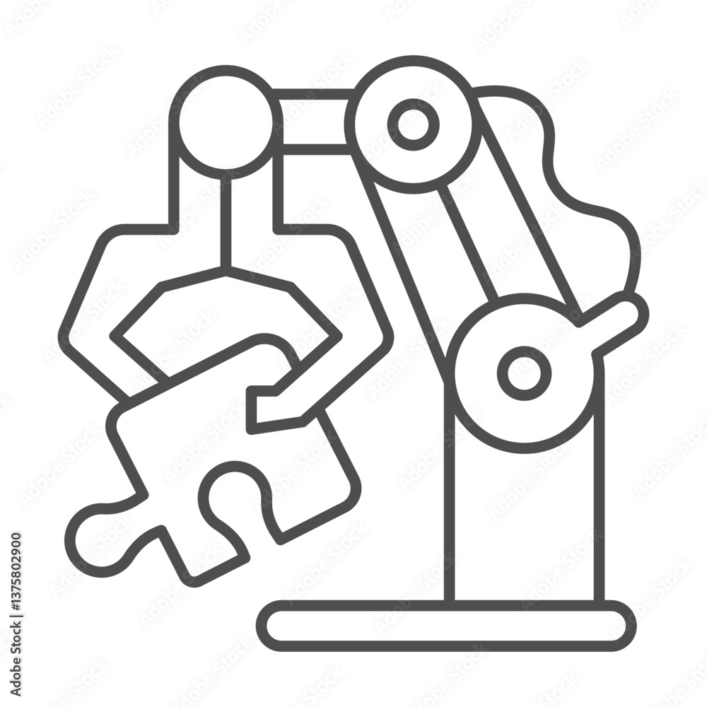 Poster robotic claw with puzzle piece thin line icon, neural dataset concept. vector graphics. logic game f