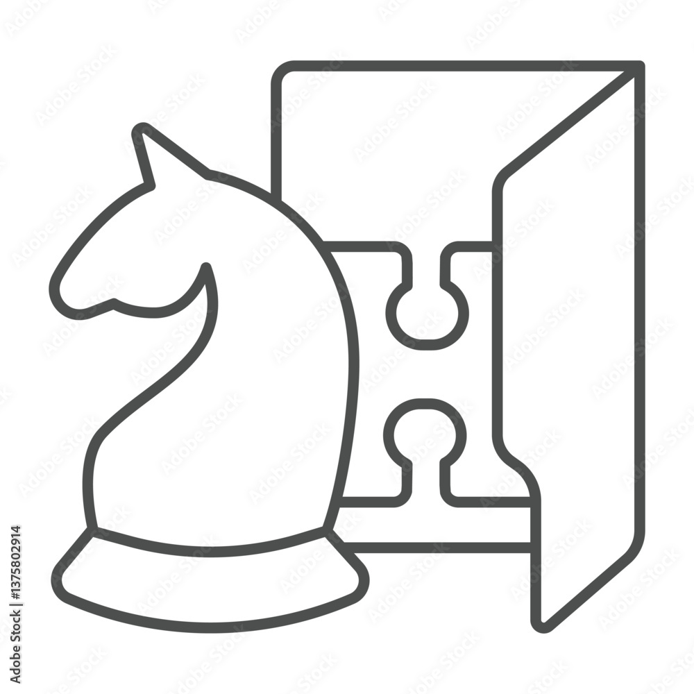 Fototapete Logic games folder thin line icon, neural dataset concept. Vector graphics. Folder with chess and puzzle piece, gaming data sign on white background, outline style icon for mobile or web design.