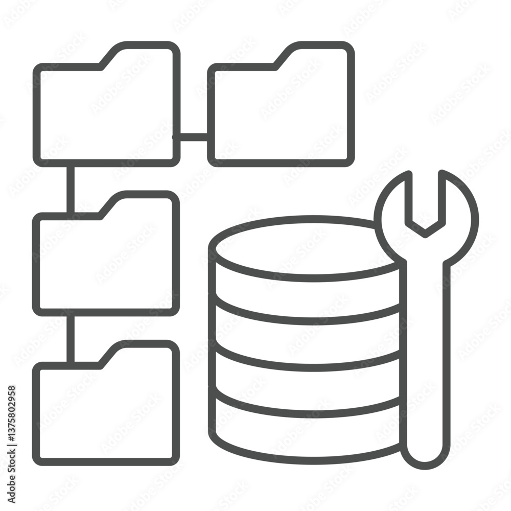 Fototapete Wrench and database storage with folders thin line icon, neural dataset concept. Vector graphics. Developer data, repair sign on white background, outline style icon for mobile or web design.