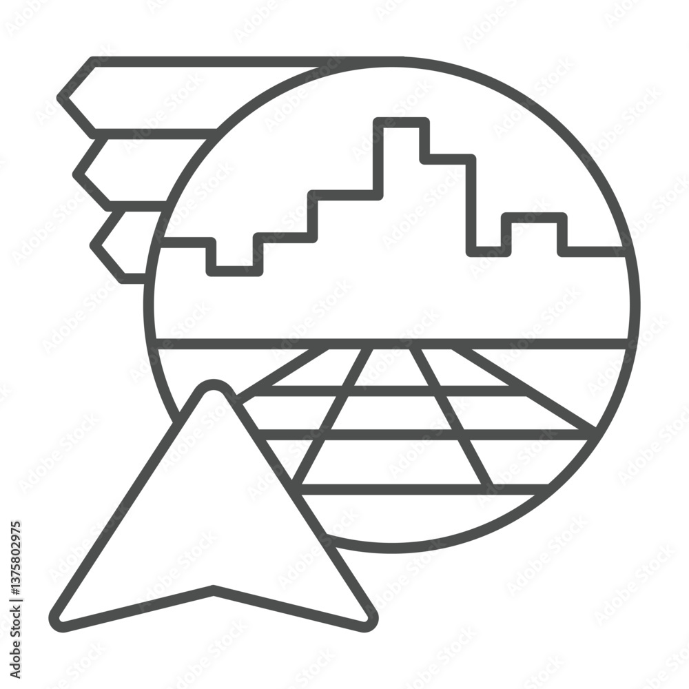 Poster city and bookmarks with navigation cursor thin line icon, neural dataset concept. vector graphics. m