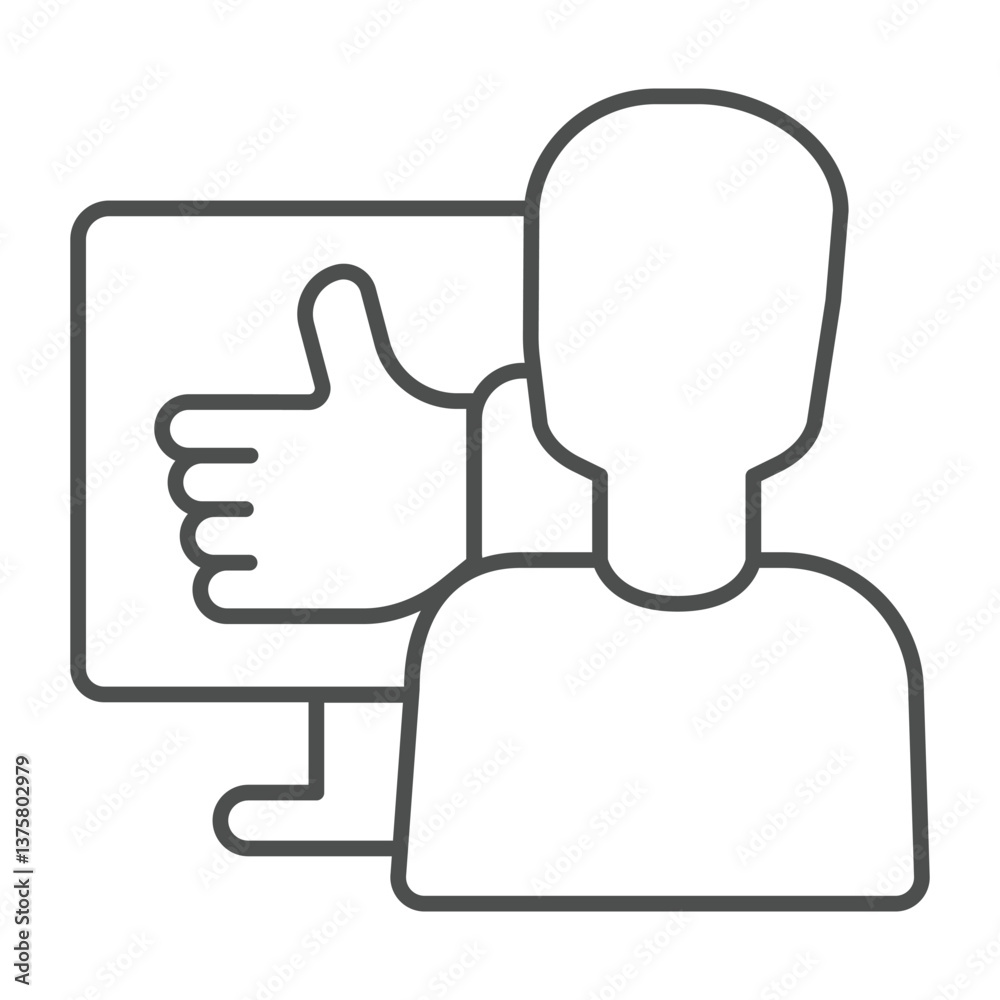 Poster man and monitor with thumb up hand thin line icon, neural dataset concept. vector graphics. user pos