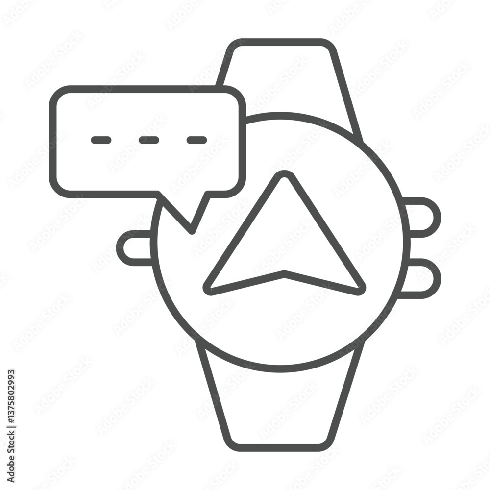Poster smartwatch with navigation pointer and message thin line icon, neural dataset concept. vector graphi