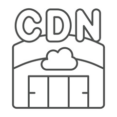 Hangar with cloud servers thin line icon, neural dataset concept. Vector graphics. Data delivery network, cloud storage sign on white background, outline style icon for mobile or web design.