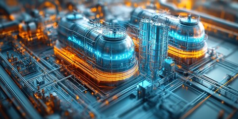 Fototapeta premium Futuristic industrial facility with glowing pipes and containers in a high-tech environment