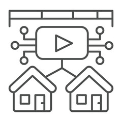 Media platform data with two houses thin line icon, neural dataset concept. Vector graphics. Local provider broadcast data sign on white background, outline style icon for mobile or web design.