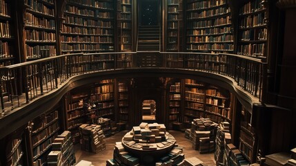 A grand old library with many bookshelves of various books