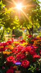 Obraz premium Vibrant Garden with Butterfly and Daisies