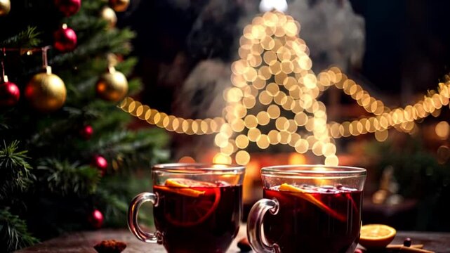 Mugs of steaming hot drinks for Christmas - Gl&uuml;hwein in glasses