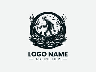 Zombie Walking Pumpkins Moonlight Spooky Illustration Vector Logo Design