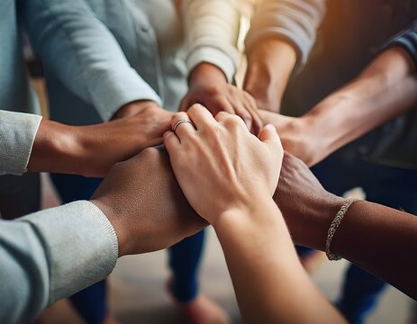 Primer plano de un grupo de personas en c&iacute;rculo, tomadas de la mano. Trabajo en equipo, compa&ntilde;erismo y unidad entre compa&ntilde;eros o amigos