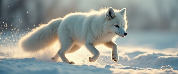 Naklejka premium Arctic Fox Trotting Through Snow in Winter Sunlight - Wildlife Portrait