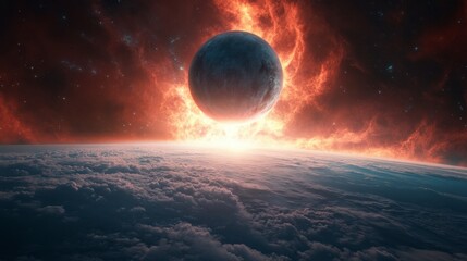 Obraz premium Celestial Inferno: A breathtaking cosmic vista showcases a celestial object against a fiery, swirling nebula, a symbolic dance between planets and space.