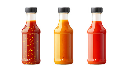 Bottle of Hot Sauce Set of Three Different Poses on Transparent Background for Food Branding, Culinary Marketing, or Condiment Promotion