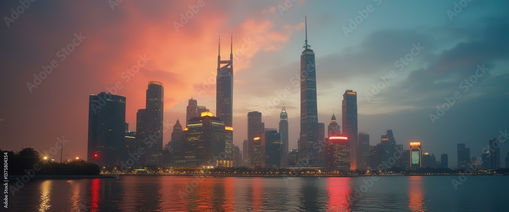 Poster skyline at dusk reflected in water features towering skyscrapers and a vibrant sunset, creating a se