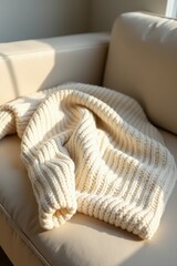 Cozy knitted blanket draped beige sofa in warm sunlight