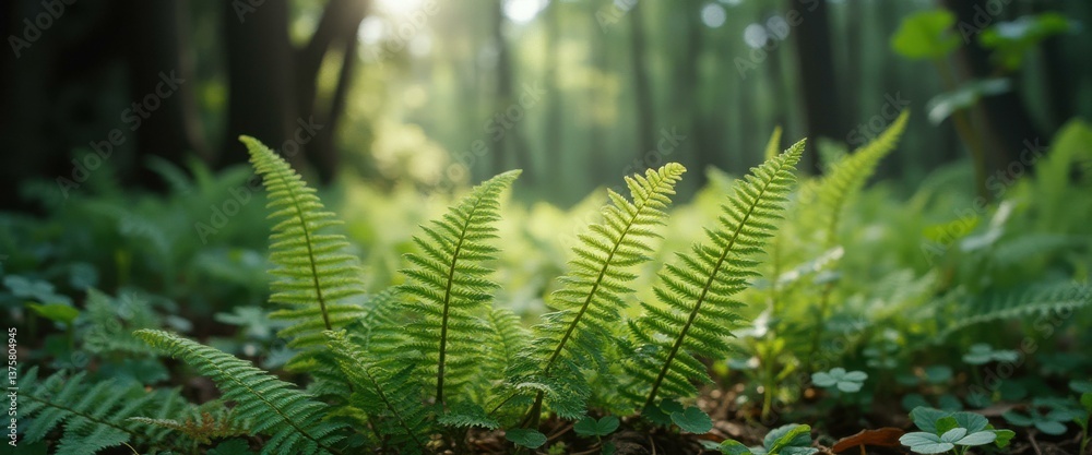 Poster Ferns bask in sunlight in a serene forest setting with a blurred backdrop of lush greenery
