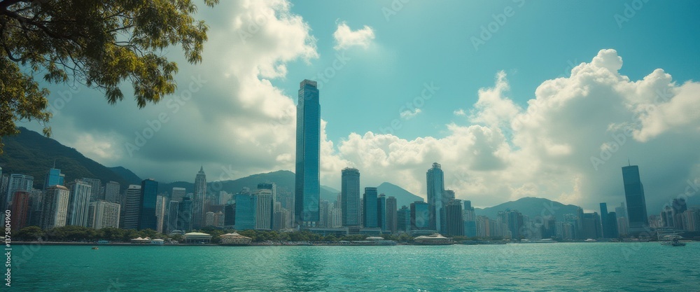 Aufkleber panoramic view of a cityscape skyline with tall buildings against a partly cloudy sky, surrounded by