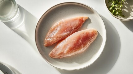 Fresh chicken fillets arranged on a simple plate, highlighting their texture and color in a clean, modern setting.