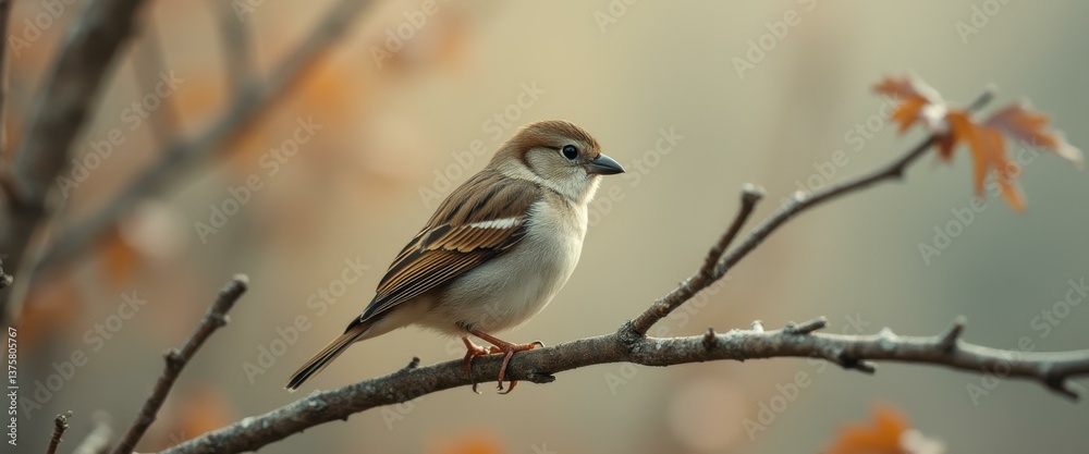 Poster alert sparrow perched on a twig in a gentle autumn setting, displaying tranquility and the beauty of