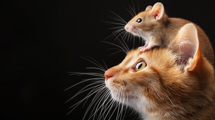 Obraz premium Cute little mouse perched on top of a cat's head in a high-definition photograph