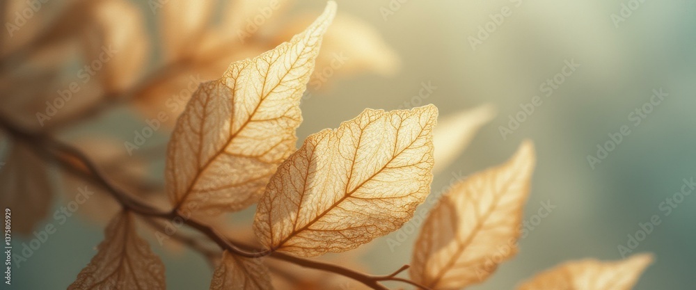 Poster Delicate branch with translucent leaves showing detailed veins against a muted background creating a calm atmosphere.
