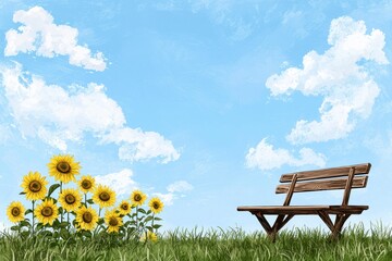 Peaceful Sunflowers and Wooden Bench in Pixel Art Landscape
