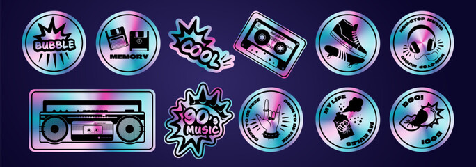 Holographic gradient stickers pack. Iridescent metallic shapes, icons. Retro design graphic element and symbol of 90s. Vector foil background.