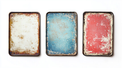 Set of Empty Vintage Metal Enamel Rusty Sign Mockup. Ornamental Weathered Antique Frame or Name Label for Wedding Insignia, Invitation, Door Sign, Tin Lid or Retro Badge isolated on White Background