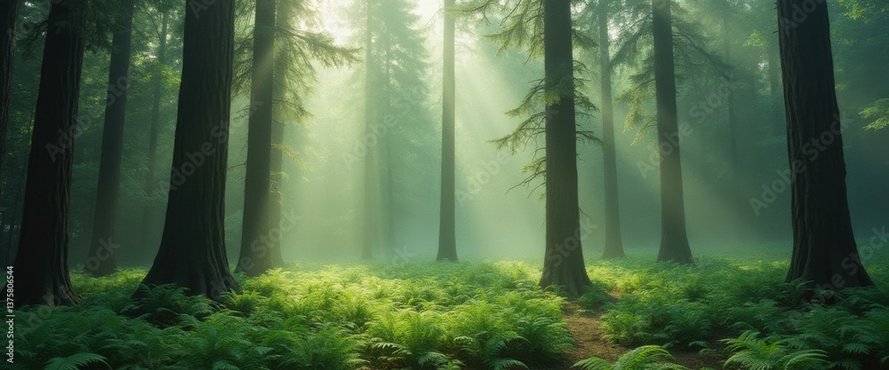 Aufkleber forest of large trees with sunlight filtering through the canopy onto ferns, creating a serene natur
