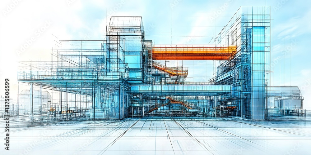 Poster modern architectural design blueprint of a vibrant multi-level building featuring intricate structur