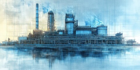 Power plant illustration near water reflecting industrial structures under a clear blue sky