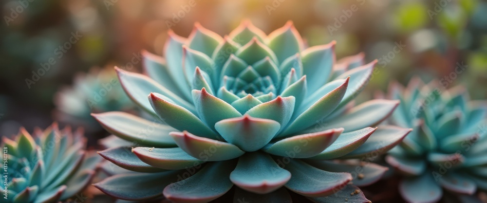 Poster captivating close-up of a succulent rosette, showcasing its intricate leaf patterns and soft, pastel
