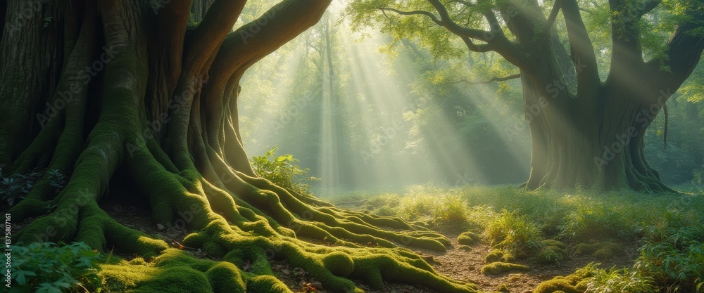 Poster Sunlit Forest with Ancient Trees, Moss-Covered Roots, and Rays of Light Creating a Mystical Atmosphere