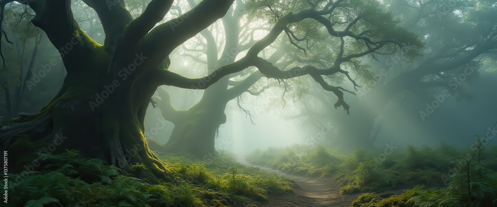 Poster Enchanted Forest Path with Ancient Trees and Mist, Mysterious Woods Landscape, Magical Pathway through a Fantasy Realm