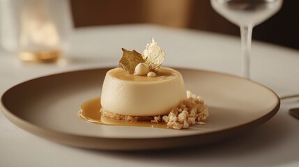 A delicate white chocolate mousse with a glossy caramel drizzle and gold leaf decoration