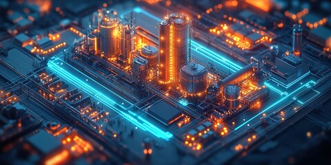 Industrial facility illuminated at night showing intricate pipelines and glowing structures