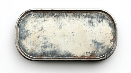 Empty White Vintage Enamel Metal Enamel Sign Mockup. Ornamental Weathered Antique Frame or Name Label for Wedding Insignia, Invitation, or Retro Badge isolated on White Background