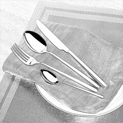 Silverware, including a spoon, fork, knife, and another spoon, is neatly arranged on a folded napkin atop a textured tablecloth. some products do not have napkin, 