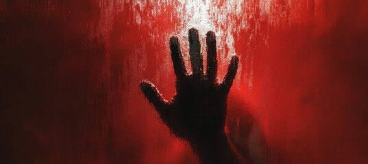 Creepy dead hand behind the dark red window. Horror creepy haunted background. Generative AI technology.	
