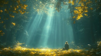 Obraz premium Woman meditating in sunlit autumn forest