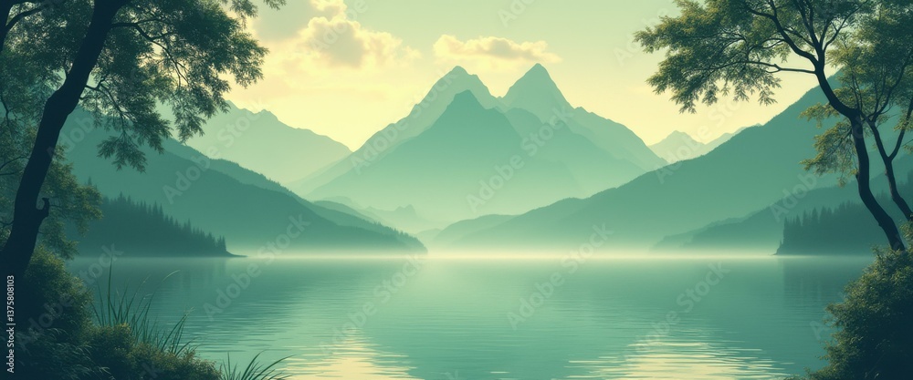 Poster misty lake landscape with layered mountains and lush trees in a tranquil teal and yellow color palet
